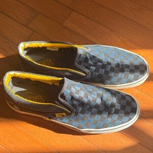 Vans Men's Navy and Yellow Checkered Slip-On Sneakers